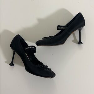 Miu Miu Black Satin Ballet Heels with Strap Detail